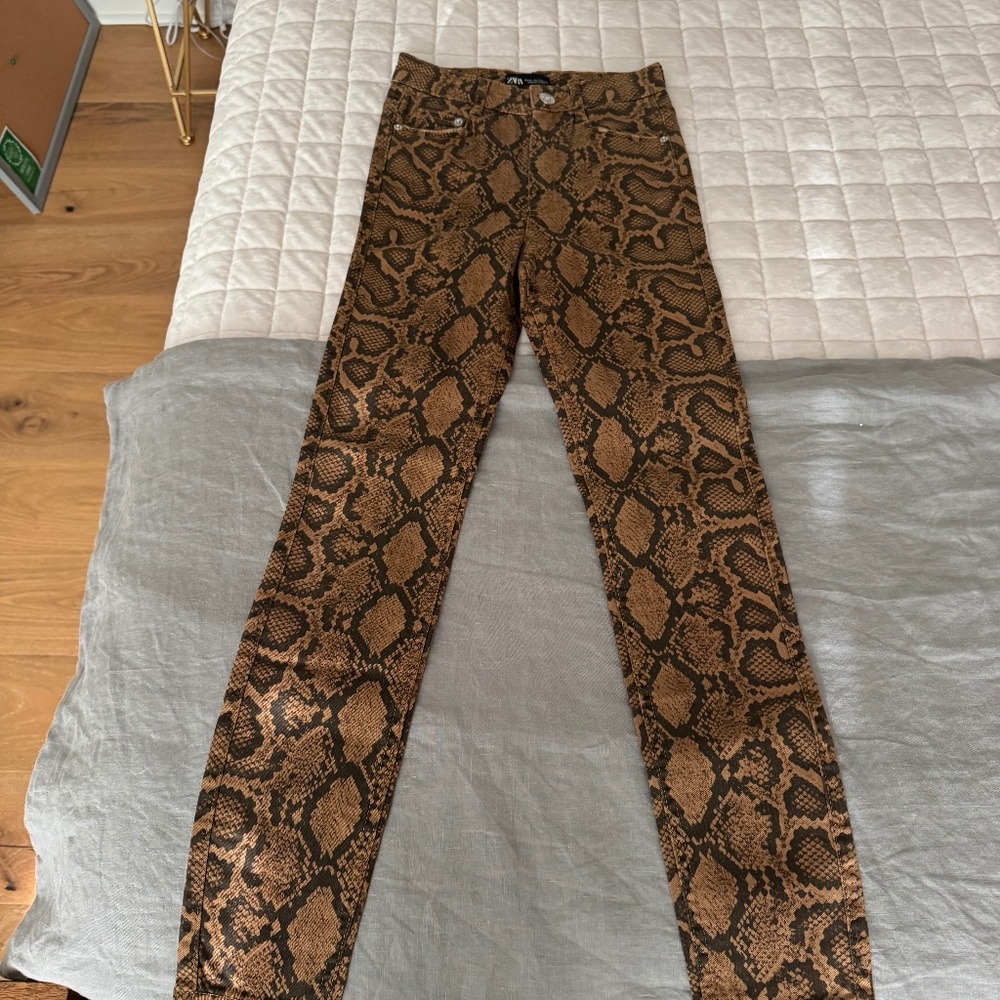 Zara Brown Python Snake Print Stretch High Rise Skinny Jeans Womens